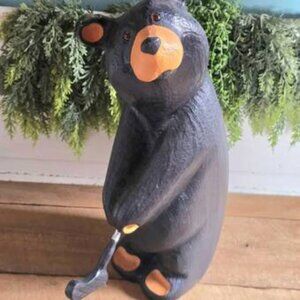 Big Sky Carvers Jeff Fleming Golfing Black Bear Pine Wood Bearfoots Sculpture